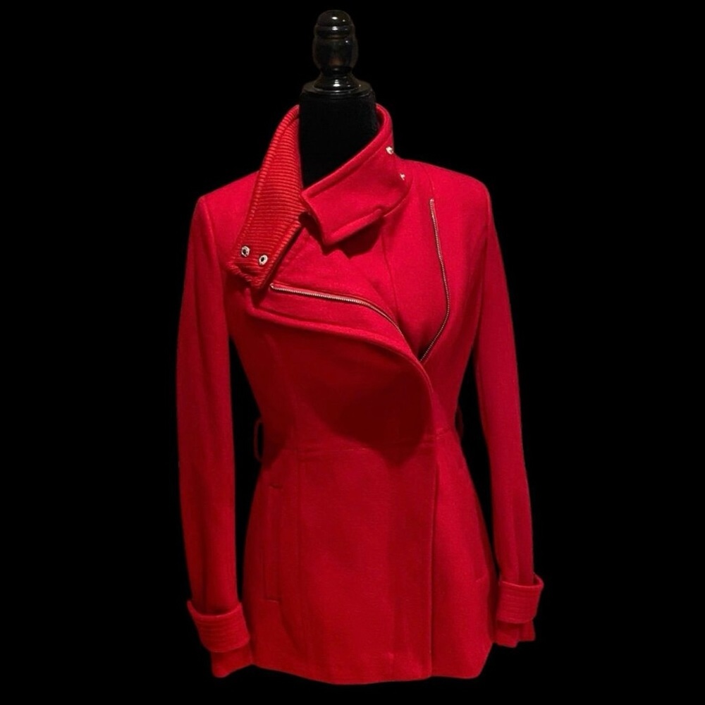 Women’s Express Cherry Red Asymmetrical Coat Zip Up Wool Bomber Jacket Size XS